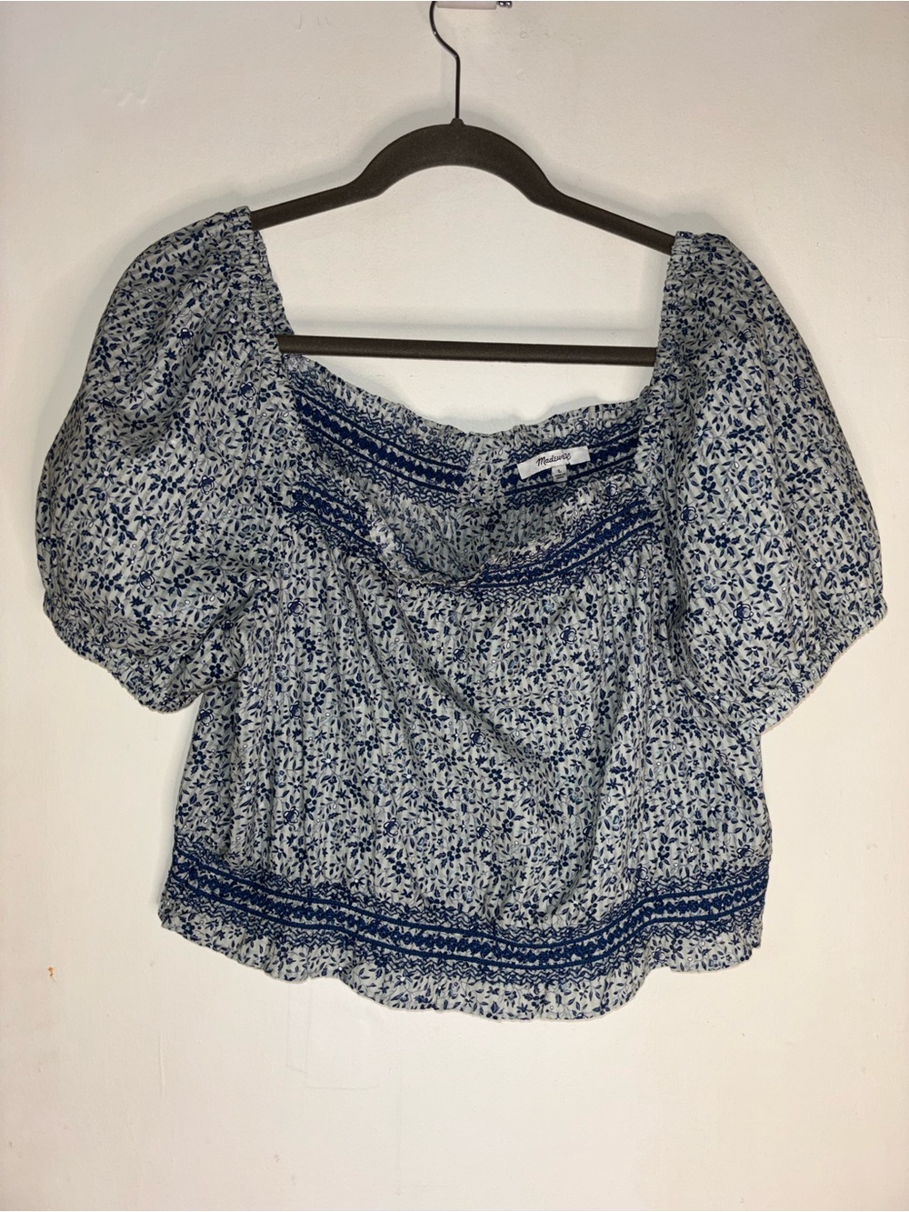 Madewell Blue Floral Smocked Puff-Sleeve Blouse